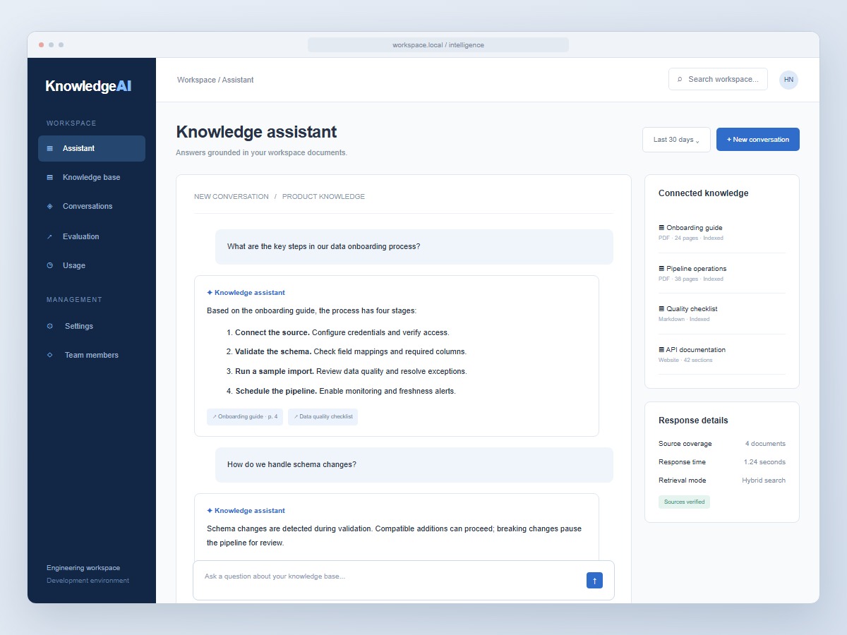 AI knowledge assistant with source-grounded answers and a document library